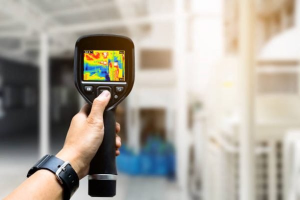 Technician use thermal imaging camera to check temperature in factory